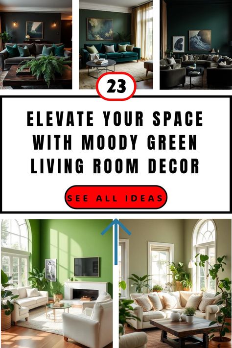 Moody green living room decor ideas with stylish furniture and lush greenery, offering inspiration for elevating your space. Emerald Green Living Room Ideas, Dark Green Living Room Decor, Moody Green Living Room, Soft Green Color Palette, Emerald Green Living Room, Olive Green Curtains, Green Living Room Ideas, Dark Green Living Room, Moody Green