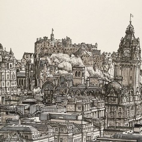 A closeup of my Edinburgh drawing. #art #drawing #pen #ske… | Flickr Edinburgh Drawing, Phoebe Atkey, Scotland Architecture, City Drawings, Cityscape Drawing, Sketch Architecture, Architectural Renderings, Architecture Sketches, Drawing Architecture