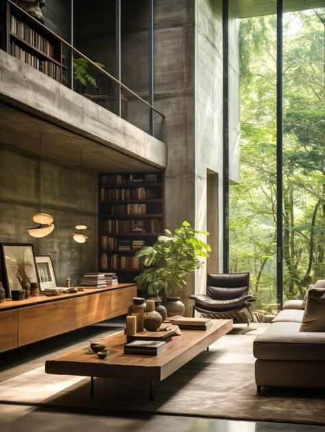 Sylvan Serenity Residence: A Modern Have|Visualization Modern Natural House Design, Japandi Mansion, Japanese Contemporary House, Japandi House Design, Modern Tropical Architecture, Brutalism Interior, Brutalist Interior, Japandi House, Modern Mediterranean Homes