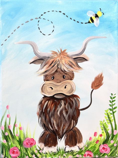 Highland Cow Painting "Mommy & Me Style"- Acrylic Painting Tutorial Hi Land Cow Painting, How To Paint A Highland Cow Easy, Acrylic Highland Cow Painting, Mommy And Me Canvas Painting, Easy Whimsical Acrylic Paintings, How To Paint A Highland Cow Step By Step, Painted Highland Cow, Highland Cow Painting Easy Step By Step, How To Paint A Cow Step By Step