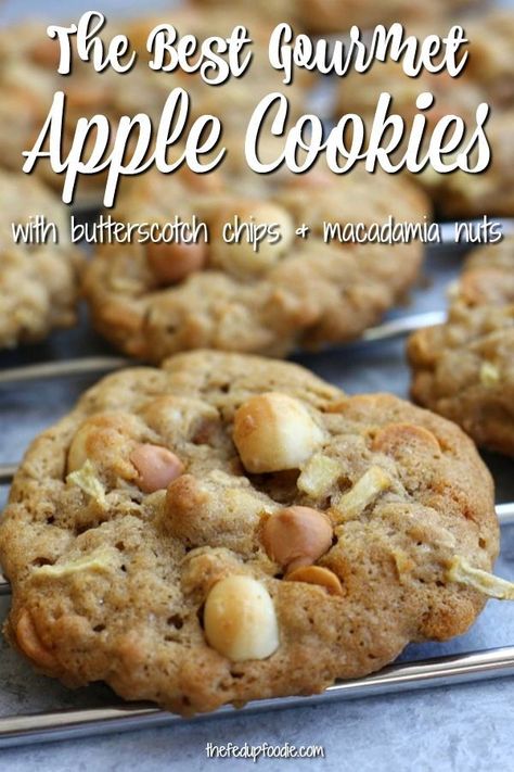 Soft and chewy, these Green Apple Butterscotch Macadamia Nut cookies are a family favorite. Easy to make and gobbled down even faster. #thefedupfoodie #cookies #cookierecipes #butterscotch #applecookies #easycookierecipe #butterscotchcookies https://www.thefedupfoodie.com Nut Cookies Recipe, Oatmeal Butterscotch, Macadamia Nut Cookies Recipe, Butterscotch Chip Cookies, Apple Cookies Recipes, Oatmeal Butterscotch Cookies, Delicious Oatmeal, Clean Eating Vegetarian Recipes, Chocolate Peanut Butter Desserts