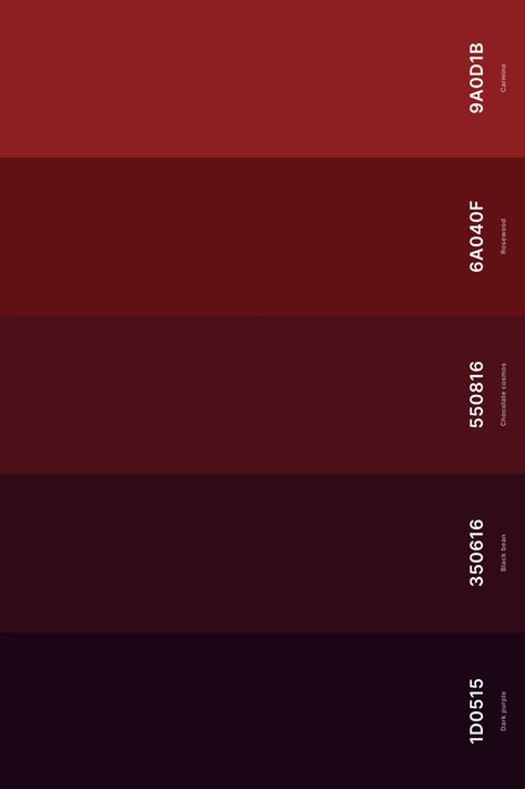 11. Deep Red Color Palette Color Palette with Dark Purple (Hex #1D0515) + Black Bean (Hex #350616) +  Welcome to our colorful exploration of the world of red! In this blog post, we're going to delve into the diverse and dynamic universe of red color palettes. As a color that's often associated with love, energy, and strength, red has the unique ability to evoke a range of emotions and create various atmospheres in desi Merlot Color Palette, Deep Red Color Palette, Dark Purple Color Palette, Red Color Palettes, Purple Hex, Black Red Wedding, Red Color Palette, Purple Palette, Dark Color Palette