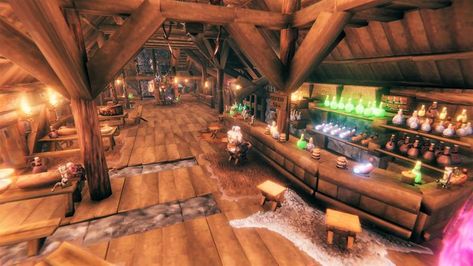 Valheim - How to Build a Viking House - Tavern Base Building - The Pilgrimz Project Valheim Tavern, Valheim Garden, Valheim Kitchen, Viking Tavern, Tavern Interior, Valheim Builds, Viking House, Viking Shop, House Concept