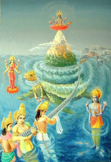 The story of Goddess Lakshmi - Yoga Academy International Vishnu Incarnation, Samudra Manthan, Vishnu Avataras, Hindu Dharma, Lord Vishnu Wallpapers, Hinduism Art, Vedic Art, Hindu Mythology, Krishna Radha Painting