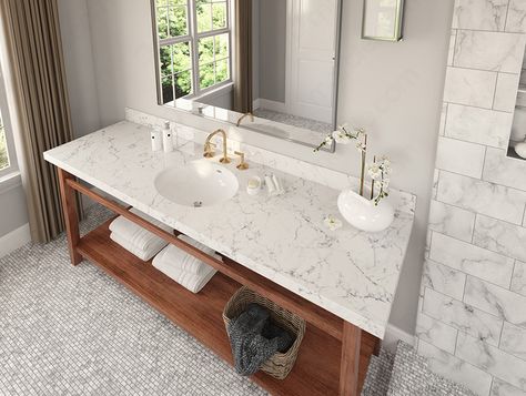 12 Best Quartz Bathroom Countertops in 2021 | Marble.com White Quartz Bathroom Vanity, Quartz Countertop Bathroom Vanity, Marble Vanity Tops Bathroom, Quartz Countertops In Bathroom, Bathroom Counter Tops Quartz, Misterio Quartz Countertops Bathroom, Quartz Countertops With Marble Floor, Bathroom With Quartz Countertop, Bathroom Counter Quartz