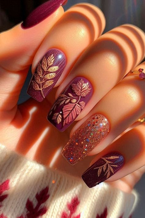 21 Stunning Fall Nail Ideas for Autumn 2024 Leave Nails, Rockabilly Nails, Thanksgiving Nails Design Fall, Fall Thanksgiving Nails, Thanksgiving Nail Designs, Thanksgiving Nail Art, New Years Eve Nails, Autumn Nail, Glittery Nails