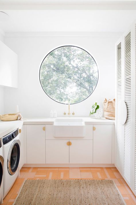 GET THE LOOK LAUNDRY — THREE BIRDS RENOVATIONS Three Birds Renovations, Round Window, Laundry Design, Modern Laundry Rooms, Laundry Room Inspiration, Pink Tiles, Three Birds, Kitchen Farmhouse, Laundry Room Design