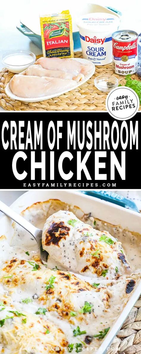 Best EASY Chicken Casserole recipe!! This Cream of Mushroom Chicken is rich, creamy, so delicious and takes just minutes to prep. With tperfectly seasoned chicken breast, Campbell's Cream of Mushroom Soup, tangy sour cream, and a delicious seasoning mix, you can't beat the flavor in this easy dinner idea. Made in just one casserole dish, this quick chicken recipe takes just minutes to make and clean up is just as easy. Best part? This kid-friendly recipe is great for the whole family! The cream Chicken Tenders Cream Of Mushroom Soup, Chicken And Cream Soup Recipes, Healthy Cream Of Mushroom Soup Recipes, Chicken And Rice Casserole Recipes Easy Cream Of Mushrooms, Chicken Cooked In Cream Of Mushroom Soup, Minimal Ingredient Recipes Dinner, Chicken Casserole Recipes Cream Of Mushroom, Chicken Cream Mushroom Recipes, Recipes For Cream Of Mushroom Soup