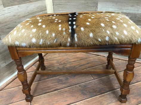 Cow Skin Ottoman, Cow Hide Ottomans, Axis Deer Ottoman, Axis Deer Hide, Deer Hide Pillows, Axis Deer, Cowhide Bench, Bench Bedroom, Western Gothic