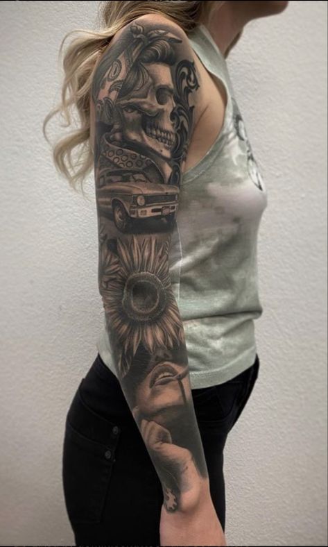 Sunflower, skull, cars, and more. Sleeve tattoo idea Womens Realism Sleeve Tattoo, Rustic Sleeve Tattoos For Women, Unique Female Sleeve Tattoos, Southern Sleeve Tattoos For Women, Women Arm Sleeve Tattoo Ideas Unique, Half Arm Sleeve Tattoo For Women Unique, Tattoo Ideas Female Full Sleeve, Female Upper Arm Tattoo, Female Bicep Tattoo