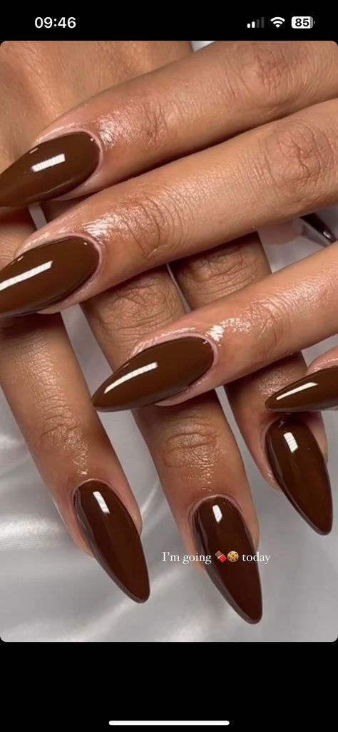 Brown And Lavender Nails, Nail Designs For Brown Skin Tones, Chocolate Brown Cat Eye Nails, Deep Winter Nails, Dark Brown Nail Art, Almond Acrylic Nails Solid Color, Almond Skin Tone, Brown Winter Nails, Brown Nails For Fall