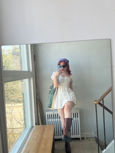 Fashion inspo, style, milkmaid, milkmaid dress, vintage style, cottage core, 90s style, outfit, style, outfit inspo, cowboy boots, hippie, hippie style, hippie fashion, mirror selfie, indie aesthetic, witchy, witchy style, tattoo, dragon tattoo, womens style, sundress, aesthetic, redhead, thigh tattoo, Milkmaid Dress Outfit, Milkmaid Outfit, Aesthetic Redhead, Fashion Mirror Selfie, Sundress Aesthetic, Witchy Style, Tattoo Dragon, Milkmaid Dress, Hippie Fashion