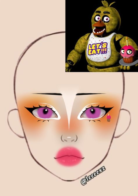 Chica Makeup Fnaf, Fnaf Inspired Makeup, Fnaf Makeup, Chica Cosplay, Makeup Drawings, Face Texture, Creepy Makeup, Makeup Cosplay, Video Makeup