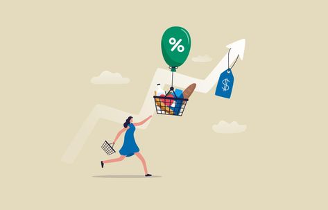 Inflation, Price rising up. Inflation financial crisis concept. Woman consumer catching product flying away. illustration Inflation Illustration, Structural Unemployment, Hands Aesthetic, Bff Hands Aesthetic, Purchasing Power, Financial Crisis, Korean Wedding, Illustration Inspiration, Vector Art