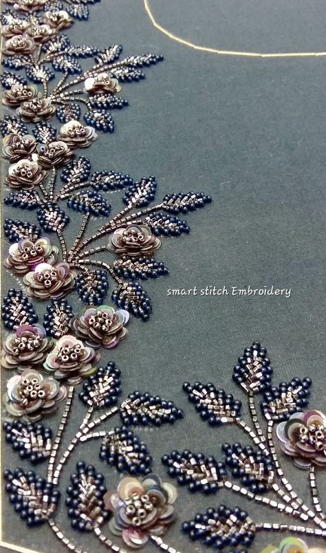 siqwens beads embroidery Handwork Beads Design, Hand Work Embroidery Suits Style, Beaded Flower Embroidery, Hand Work Design Pattern, Embroidery Designs Beads, Beads Embroidery Designs, Bead Work Embroidery, Sulam Manik, Sequin Flowers