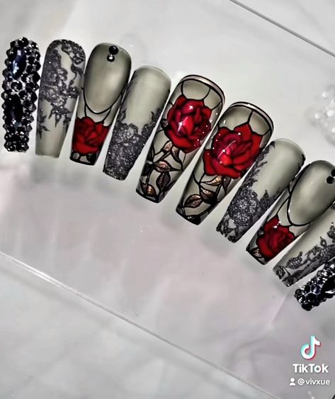 Gothic Inspired Nails, Alt Wedding Nails, Gothic Romance Nails, Gothic Nail Salon Decor, Dark Romance Nails, Goth Valentines Day Nails, Cathedral Nails, Gothic Valentines Nails, Spiritual Nails