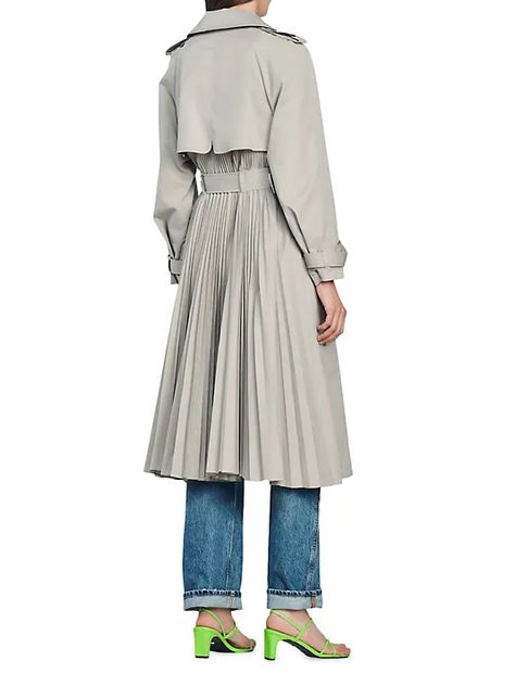 Shop Sandro Jacob Pleated Trench Coat | Saks Fifth Avenue Ladies Coat Design, Silk Blouses, Shirt Making, Designer Coats, Sandro Paris, Long Trench, Faded Jeans, Coat Outfits, Parisian Chic