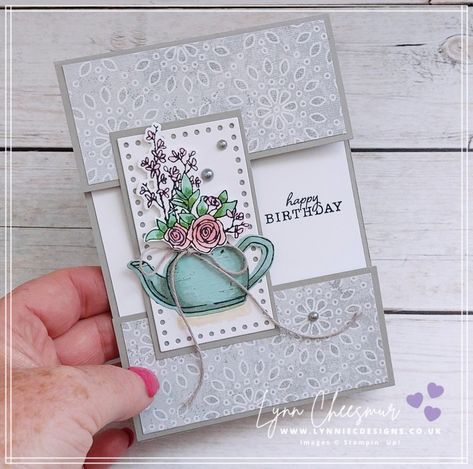 How to make a split panel birthday card Stampin Up Birthday Cards For Women 2024, Stampin Up Country Flowers, Country Flowers Stampin Up Cards, Teacup Cards, Cricut Birthday Cards, Stampin Up Birthday Cards, Country Bouquet, Flowers Cards, Country Flowers