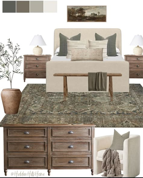 Green Bedding Accents, Bedroom With Tan Headboard, Olive Green Master Bedding, Green Bedroom With Brown Furniture, Olive Green And Off White Bedroom, Bedroom Inspirations Cool Tones, Guest Bedroom Green Accents, Bedroom With Sage Green Accent Wall, Home With Green Accents