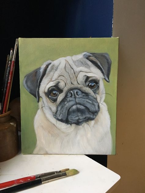 Pug Canvas Painting Easy, Pug Drawing, Pug Painting, Pug Art Print, Dog Portraits Painting, Dog Artist, Pug Art, Animal Portraits Art, Dog Pets