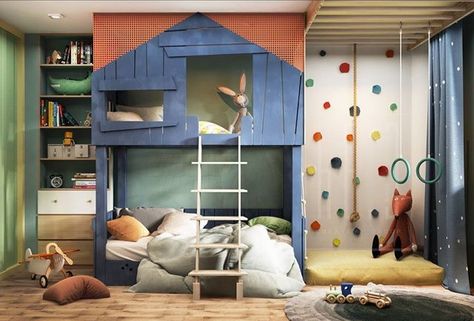 Little Kids Room // Indoor Jungle Gym // Rock Wall & Rings // Bookshelf Bunk Bed Jungle Gym, Bedroom Jungle Gym, Jungle Gym Bedroom, Tree House Bedroom, Kids Room Jungle, Kids Playroom Ideas Diy, Indoor Jungle Gym, Minimalist Kids Room, Small Kids Room