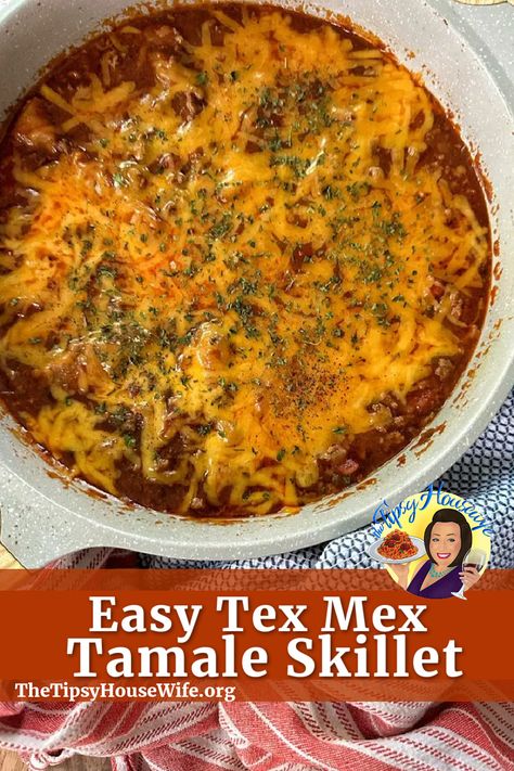 The photo shows a tamale skillet made with ground beef, a white onion, green pepper, a bottle of chili sauce and a can of hormel tamales. The brightly colored banner displays the name of the recipe, "Easy Tex Mex Tamale Skillet." Easy Tamale Casserole, Tamale Meat Recipe Beef, Canned Tamales, Tamale Pie Recipe Using Masa, Tamales Casserole Recipe With Masa, Cocktail Meatball Recipes, Tex Mex Tamales, Easy Tamales, Tamale Pie Recipe