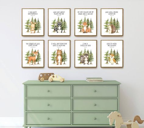 Church Nursery Decor, Baby Woodland Animals, Christian Nursery Decor, Christian Nursery, Bible Verses For Kids, Church Nursery, Nursery Wall Art Boy, Kids Bible, Woodland Animal Prints