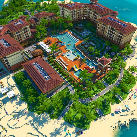 Minecraft Resort Ideas, Minecraft Tropical Builds, Resort Minecraft, Minecraft Beautiful House, Tropical Building, Minecraft City Buildings, Rumah Minecraft Sederhana, Minecraft Mansion, Minecraft Structures