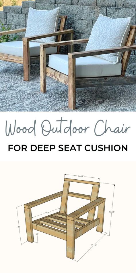 Wood Outdoor Chair, Koti Diy, Chair Frame, Outdoor Furniture Plans, Bed Diy, Patio Lounge Chairs, Deep Seat Cushions, Furniture Bed, Deck Furniture