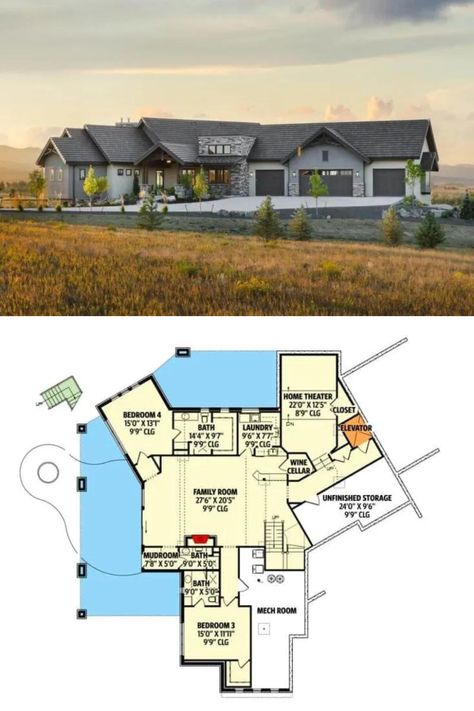 2,900 Sq Ft 4-Bedroom Mountain Single-Story Ranch House Plan with Elevator and Wet Bar House Plans With Elevators, Bedroom Mountain, Stucco Siding, Bar Flooring, Taupe Walls, Southern Traditional, Story Layout, Ranch House Plan, Country Craftsman