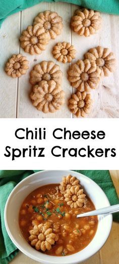 These crackers are cute as can be and packed fulled of cheddar, chili and just a bit of kick. Spritz Crackers, Cheese Wafers, Savory Crackers, Press Cookies, Snacky Foods, Cookie Press Recipes, Savory Cookies, Spritz Cookie, Homemade Cheese Crackers