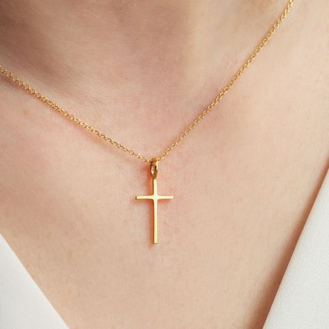 Cross Pendant Necklace Woman, Cross Necklace Gold, Solid Gold Necklace, Gold Cross Necklace, Sapphire Necklace, Gold Cross, Cross Pendant Necklace, Athens Greece, Simple Necklace