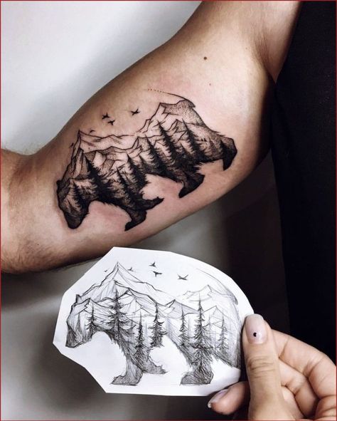 Berg Tattoo, Bear Tattoos, Forest Tattoos, Landscape Tattoo, Inspiration Tattoos, Bear Tattoo, Mountain Tattoo, Diy Tattoo, Waves Tattoo