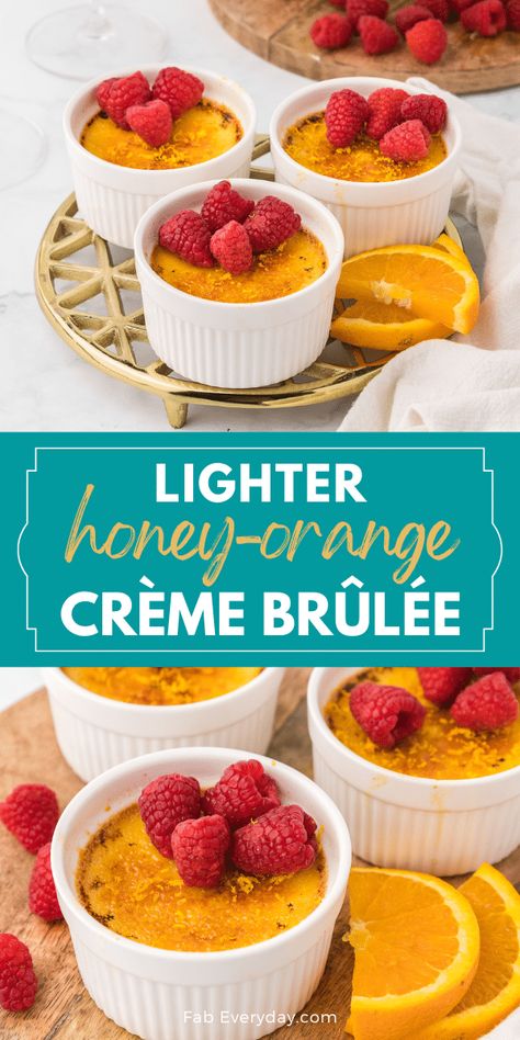 This is a lighter crème brûlée recipe (it's lower in fat and calories), so some of the ingredients are not necessarily typical for crème brûlée, however the results are just as delicious! If you're looking for a honey creme brulee recipe or an orange creme brulee recipe, this low calorie creme brulee is perfect. Click or visit FabEveryday.com for the Honey-Orange Crème Brûlée with Raspberries recipe, serving suggestions, links to the required tools, ingredient tips, and step-by-step photos. Creme Brulee Recipe Flavored, Orange Creme Brulee Recipe, Orange Creme Brulee, Crème Brûlée Recipe, Creme Brulee Desserts, Cream Brulee, Creme Brulee Recipe, Bread Puddings, Brulee Recipe