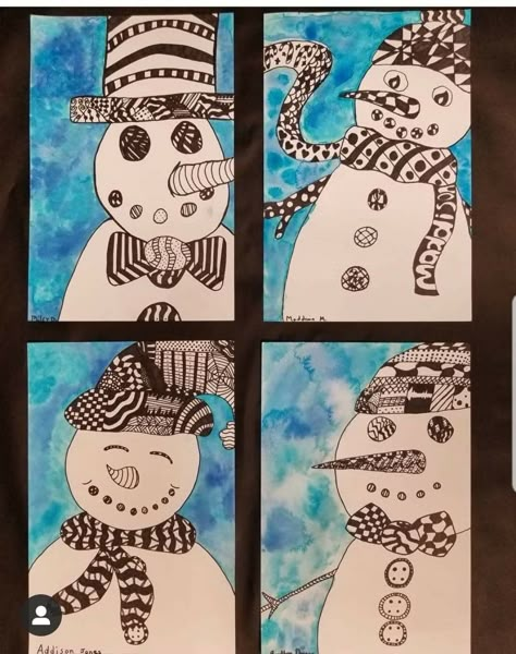 Zentangle Christmas, January Art, Christmas Art For Kids, Holiday Art Projects, Winter Art Lesson, Snowman Images, Christmas Art Projects, 2nd Grade Art, Winter Art Projects