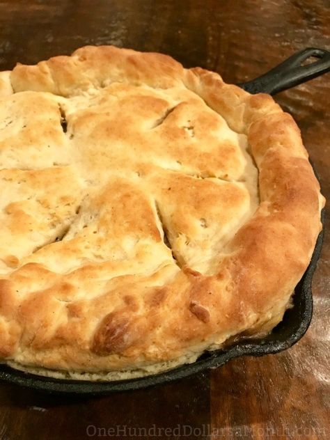 Cast Iron Skillet Chicken Pot Pie with a Biscuit Crust - One Hundred Dollars a Month Pork Pot Pie Recipe, Iron Skillet Chicken Pot Pie, Cast Iron Recipes Dinner, Chicken Pot Pie Crust, Iron Skillet Chicken, Skillet Chicken Pot Pie, Turkey Pot Pie Recipe, Pork Pot, Biscuit Crust