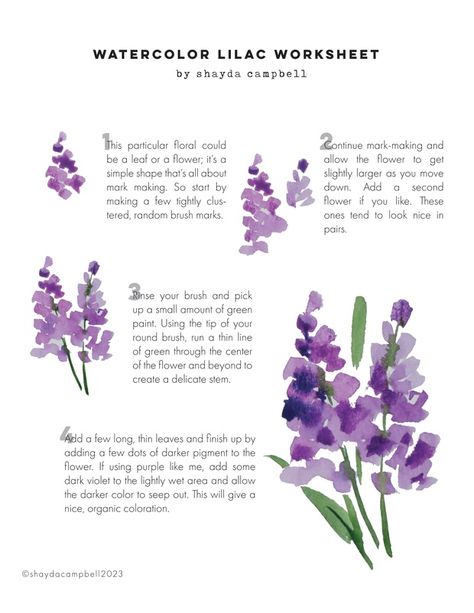 Lilac Watercolor Paintings, Watercolours Flowers, Watercolor Worksheet, Watercolor Templates, Shayda Campbell, Simple Watercolor Flowers, Lilac Watercolor, Watercolor Postcards, Flowers Water