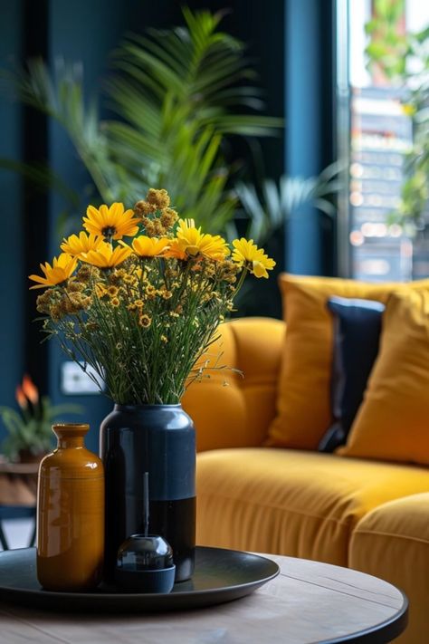 A collection of cheerful home decor ideas featuring pops of yellow to brighten up living spaces, captured in one vibrant image. Yellow Tablecloth, Bold Wall Art, Yellow Planter, Yellow Home Decor, Yellow Accessories, Versatile Furniture, How To Mix, Yellow Accents, Decor Essentials