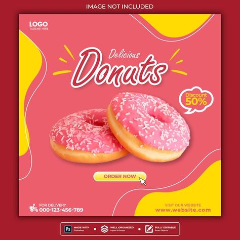 Donuts promo instagram post or square we... | Premium Psd #Freepik #psd #sweet-post #food-poster #food-promotion #food-design Donut Poster, Sweet Post, Donut Design, Ice Cream Poster, Poster Food, Facebook Post Design, Food Promotion, Banner Web, National Donut Day