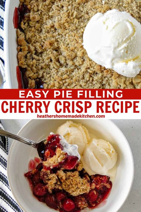 This Cherry Crisp Recipe is a quick and easy dessert made with pie filling and a crunchy oat topping. Top it with a scoop of ice cream or whipped cream and it's heavenly! Cherry Crisp With Pie Filling, Cherry Pie Filling Recipes Easy, Cherry Crisp Recipe Easy, Cherry Filling Recipes, Pie Filling Desserts, Cherry Crisp Recipe, Cherry Pie Filling Recipes, Cherry Recipes Dessert, Crisp Desserts