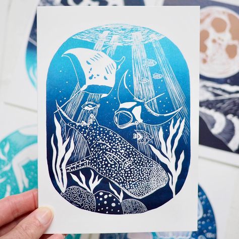 Laura (@theblackpugpress) • Instagram photos and videos Print Lino, Handprint Gifts, Manta Rays, Wild Swimming, Funniest Valentines Cards, Underwater Scene, Octopus Print, Shark Print, Relief Printing