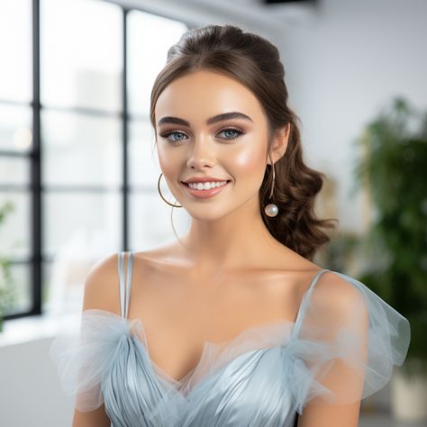 Soft Prom Makeup Blue Dress, Light Blue Outfit Makeup, Makeup For Powder Blue Dress, Blue Gown Makeup Look, Makeup For A Light Blue Dress, Blue Gown Makeup, Makeup For Light Blue Dress, Light Blue Makeup, Light Blue Satin Dress