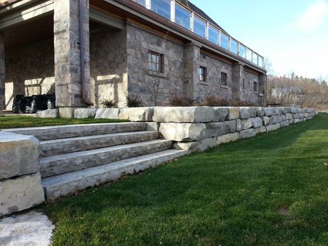 Armour Stone Retaining Wall, Retaining Wall Stone, Lakehouse Exterior, Cabin Landscaping, Landscaping Around Patio, Retaining Wall Steps, Pavers Design, Backyard Retaining Walls, Lake Landscaping