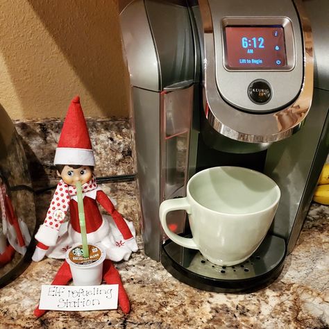 Refueling Station, Elf 2023, Home Coffee Stations, Elf Fun, Drink Station, Cookie Do, Elf Ideas, K Cups, Drinking Coffee