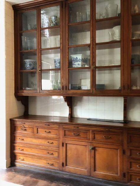 Kitchen Built Ins Ideas, Farmhouse Cupboards Kitchen, Antique Cabinet Built Into Wall, Wall Of Cabinets With Coffee Bar, Old Butlers Pantry, Built In Cabinets Kitchen Ideas, Butler Pantry Wall, Using Hutch For Kitchen Cabinets, Old Farmhouse Pantry