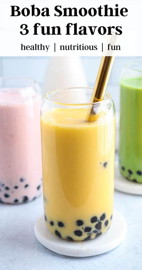 The Boba Smoothie is a thicker and more nutritious version of a classic milk bubble tea. Made with frozen fruit of choice, milk (regular or plant-based) or coconut water and served over shiny black boba pearls, this fun smoothie can have many different versions. I present you with three of my favorites: strawberry milk, tropical mango and green, spinach-based smoothie. Fruit Boba Recipe, Fruit Boba Tea Recipe, Boba Smoothie Recipe, Fruit Bubble Tea Recipe, Mango Boba Tea Recipe, Fruit Boba Tea, Fruit Shakes Recipes, Mango Bubble Tea, Mango Boba