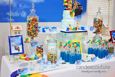 Up Dessert Table Disney, Up Table Decorations Disney, Up Theme Desserts, Pixar Up Centerpieces, Up Themed Snacks, Up Themed Birthday Party Pixar Decorations, Up Theme Dessert Table, Disney Up Inspired Wedding, Disney Pixar Up Birthday Party