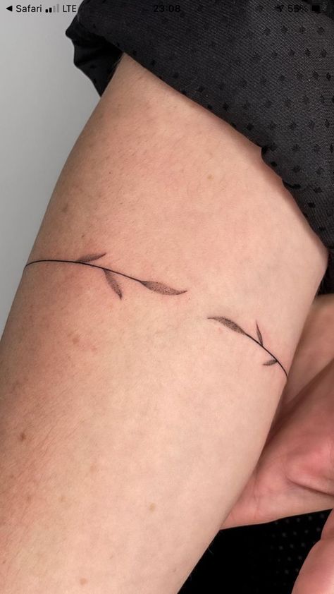 Dainty Arm Wrap Tattoos For Women, Half Band Tattoo, Minimal Wrap Around Arm Tattoo, Minimalist Arm Band Tattoo Women, Dainty Bicep Tattoo, Horizontal Arm Tattoos For Women, Band Tattoos Women, Women Arm Band Tattoo, Vine Band Tattoo