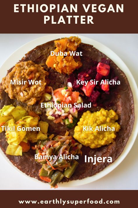 Ethiopian platter is a very healthy vegan platter with lentils, vegetables, and fermented flatbread Injera. The platter is rich in fiber, gluten-free, and a combination of complex flavors. Ethiopian Food Injera, Vegan Ethiopian Recipes, Vegan Platter, Sliced Bell Pepper, Vegetarian Platter, Lentil Dishes, Ethiopian Food, Egyptian Food, Dinner Party Recipes