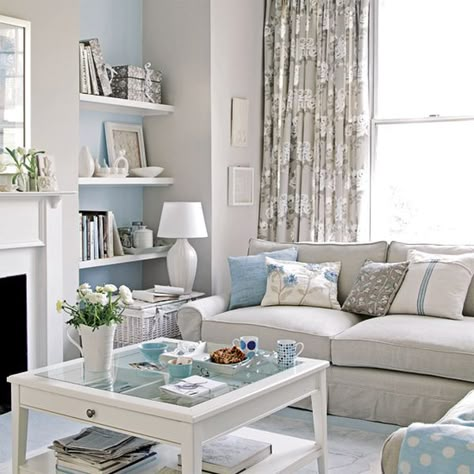 gray, white beige bedroom ideas | Ways To Decorate With Blues & Grays Pastel Living Room, Decor Ikea, Small Apartment Living Room, Coastal Living Rooms, Small Living Room Decor, Small Apartment Living, Blue Living Room, Living Room Grey, Settee